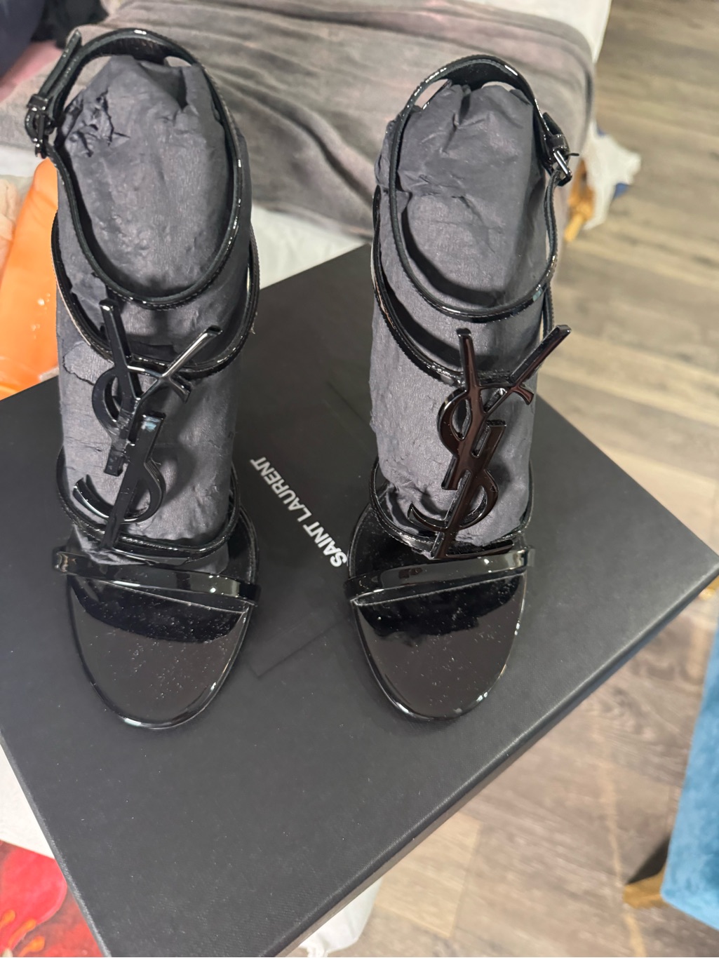 Saint Laurent Black Patent Leather Strappy Heels